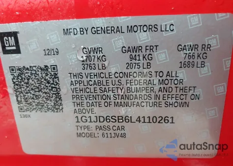 2020 Chevrolet Sonic Fwd Lt 5-Door из США, поврежденный, VIN 1G1JD6SB6L4110261